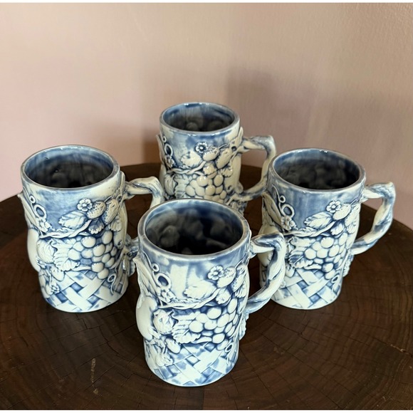 Unbranded Other - Vintage Blue White Embossed Fruit Basketweave Ceramic Mugs Set of 4 Cottagecore